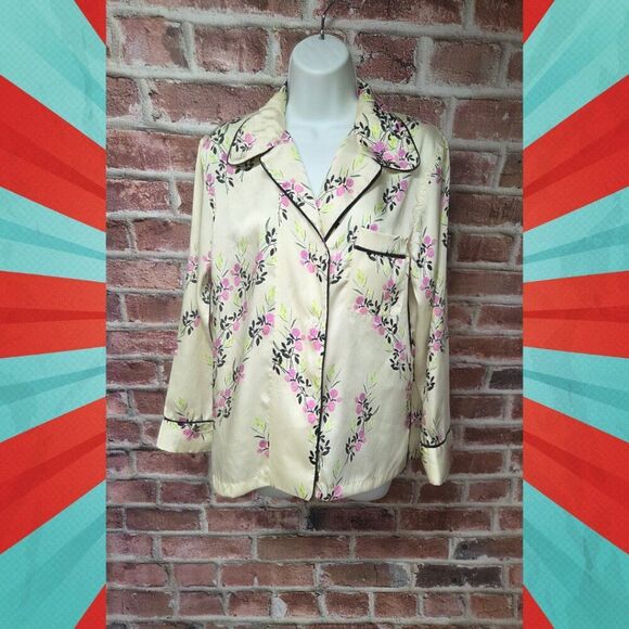 Zara Other - Zara Floral Lounge Shirt | Women’s Medium | Cream V-Neck Button Down Top
